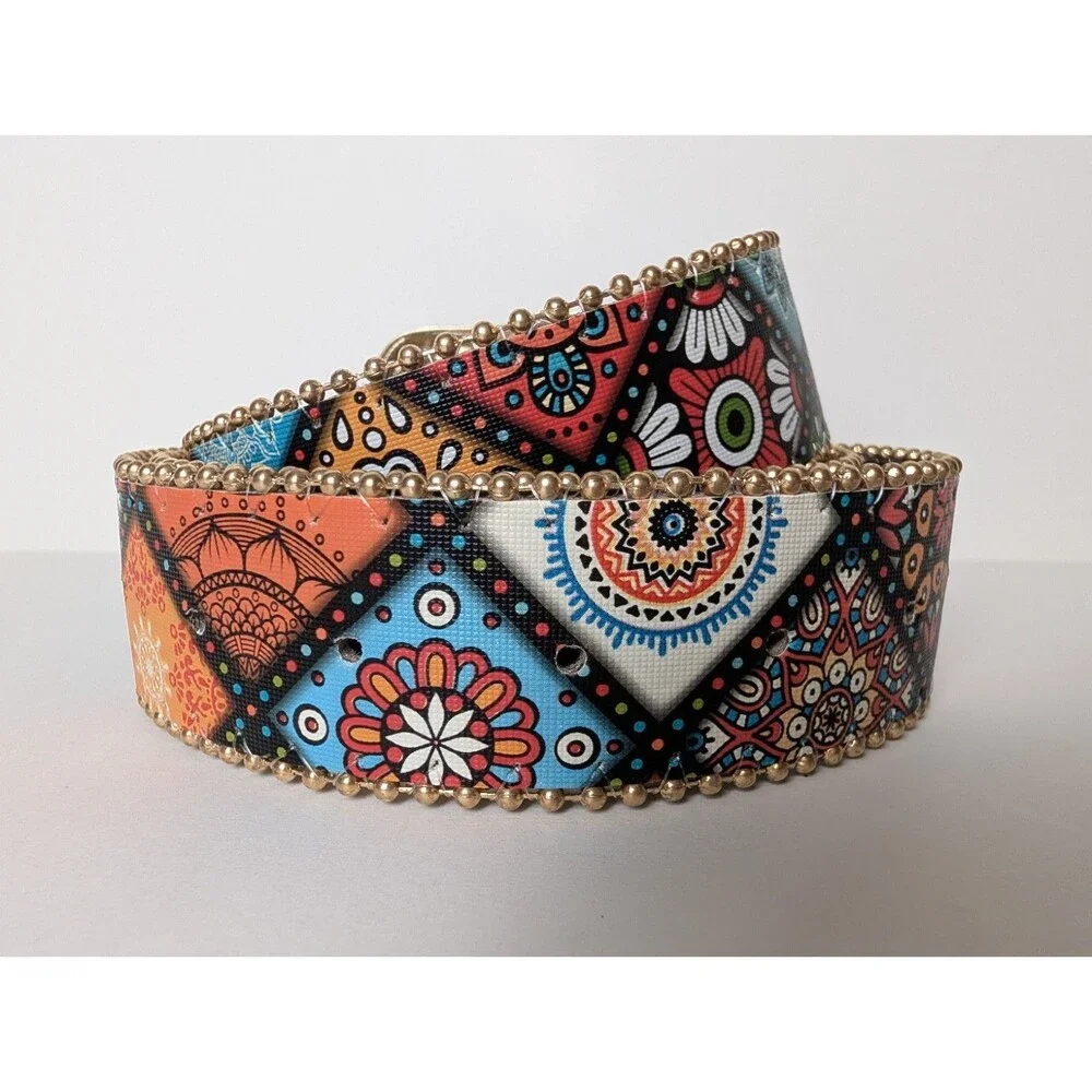 Woman's Belt Rhinestone Tapestry Boho Hippie Colorful Black Vegan Size 32 in